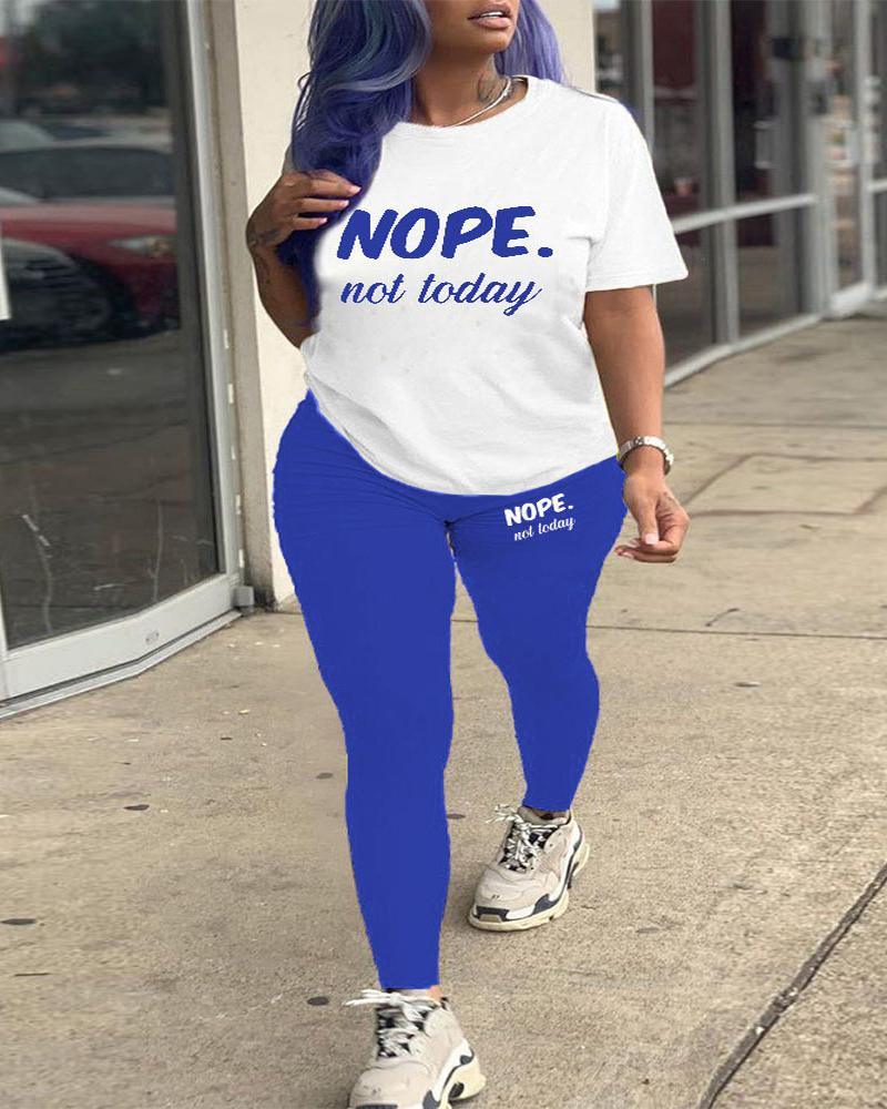 

Plus Size Nope Not Today Print Casual Top & Pants Set, Blue