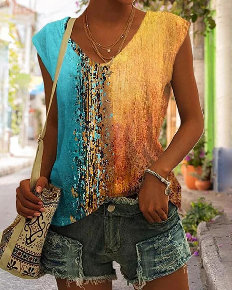 

Abstract Print Cap Sleeve V-Neck T-shirt, Multicolor