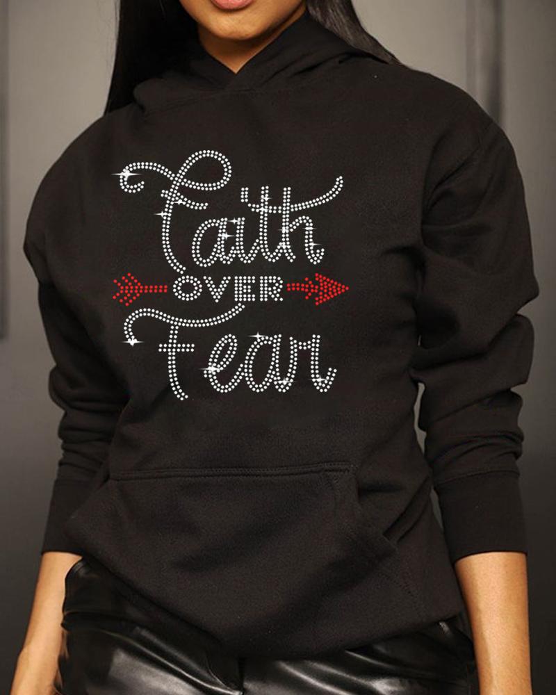 

Rhinestone Faith Over Fear Pattern Pocket Design Hoodie, Black