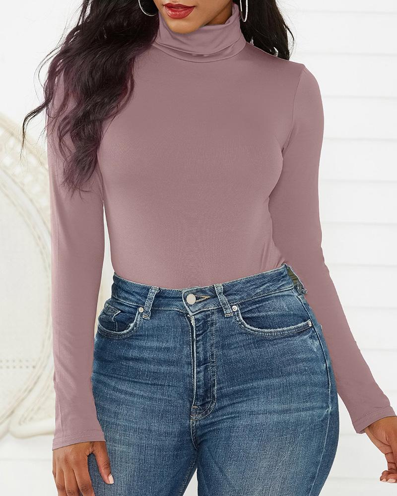 

Plain High Neck Long Sleeve Bodysuit, Purple