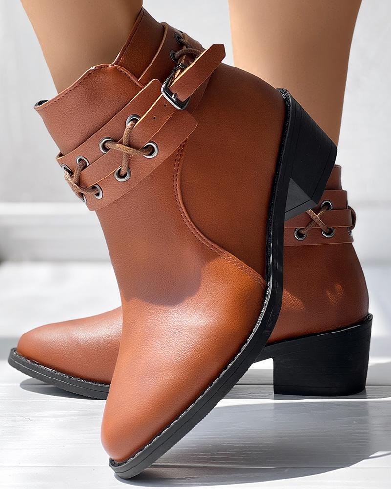 

Eyelet Lace-up Buckled Ankle Boots, Brown