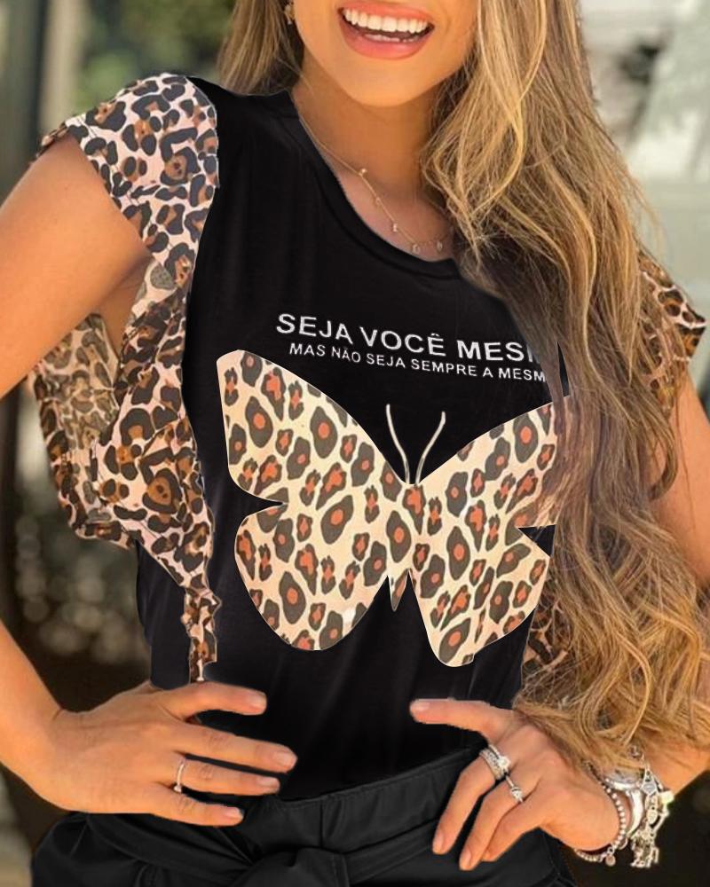 

Leopard Butterfly Print Flutter Sleeve T-shirt, Black