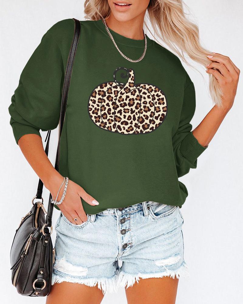 

Halloween Long Sleeve Cheetah Pumpkin Print Sweatshirt, Green