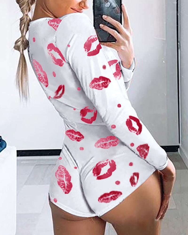 

Long Sleeve Lip Print Lounge Romper, White
