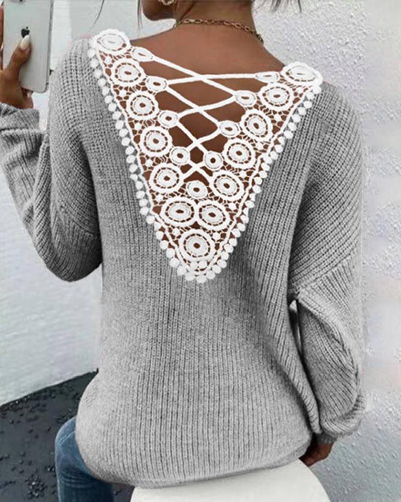 V-Neck Contrast Lace Criss Cross Knit Sweater