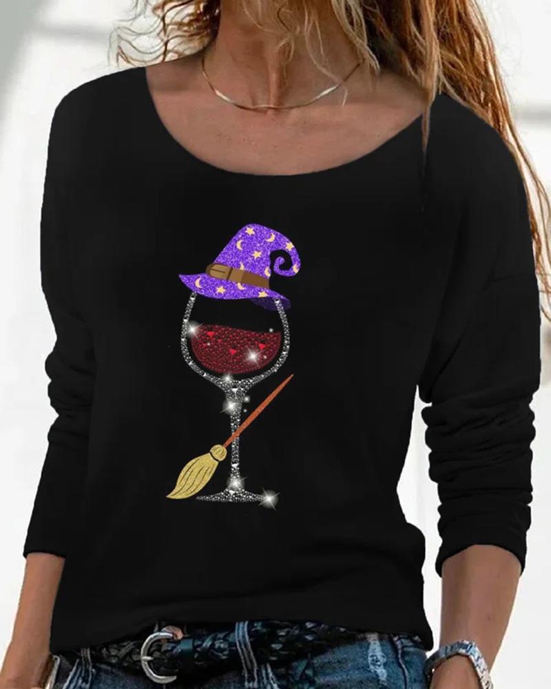 

Halloween Wine Glasses Print Long Sleeve Top, Black