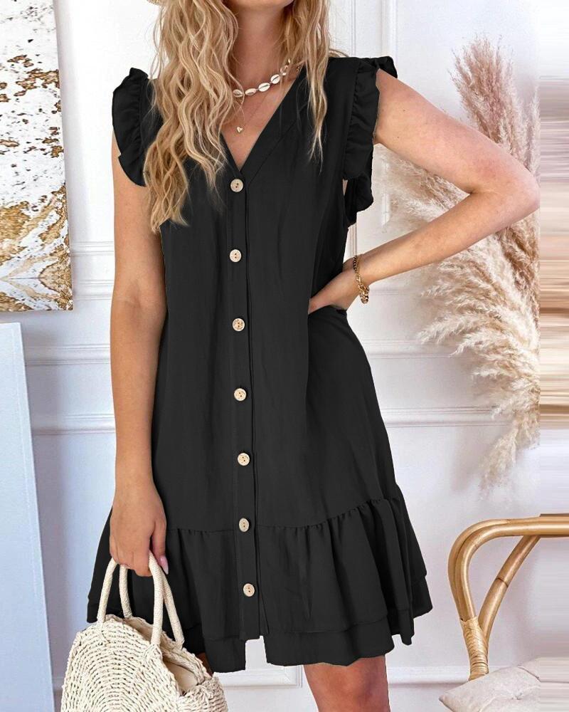 

Button Front Ruffle Hem V-Neck Casual Dress, Black