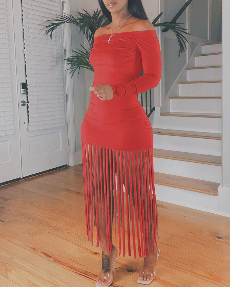 

Off Shoulder Tassel Design Casual Dress, Red