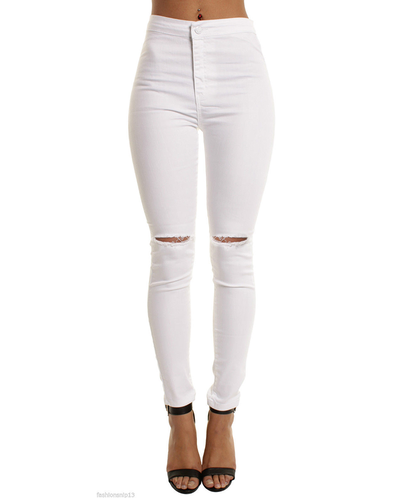 

Cutout High Waisted Button Design Denim Pants, White