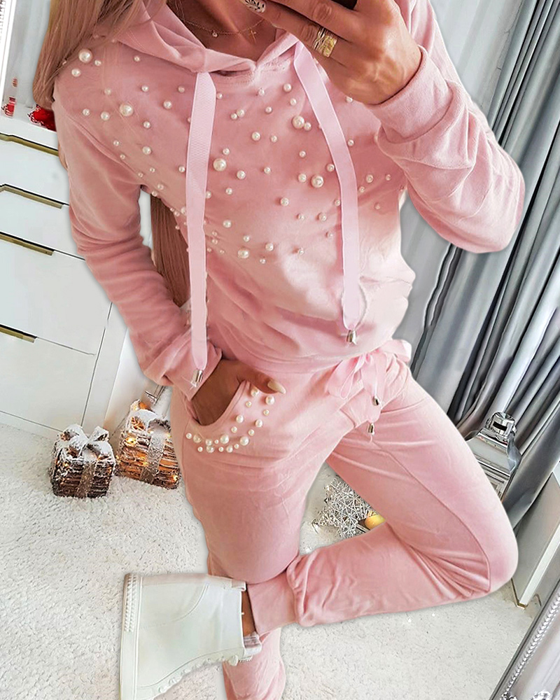 

Ensemble haut à capuche perlé et pantalon à cordon, Pink