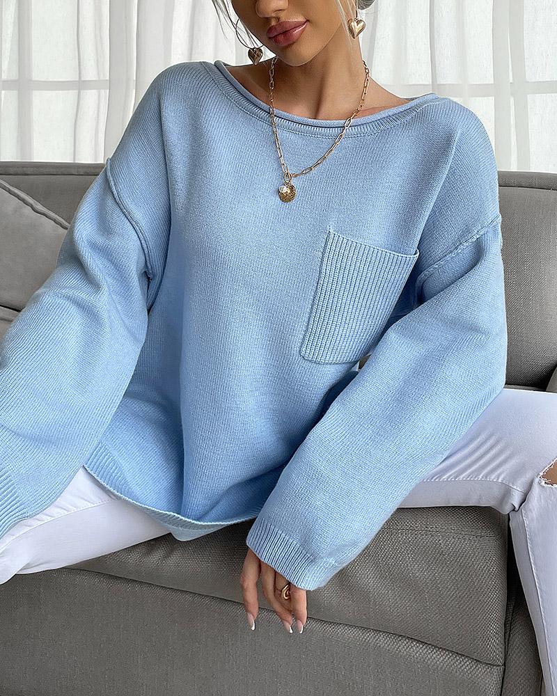 

Long Sleeve Pocket Design Casual Sweater, Blue