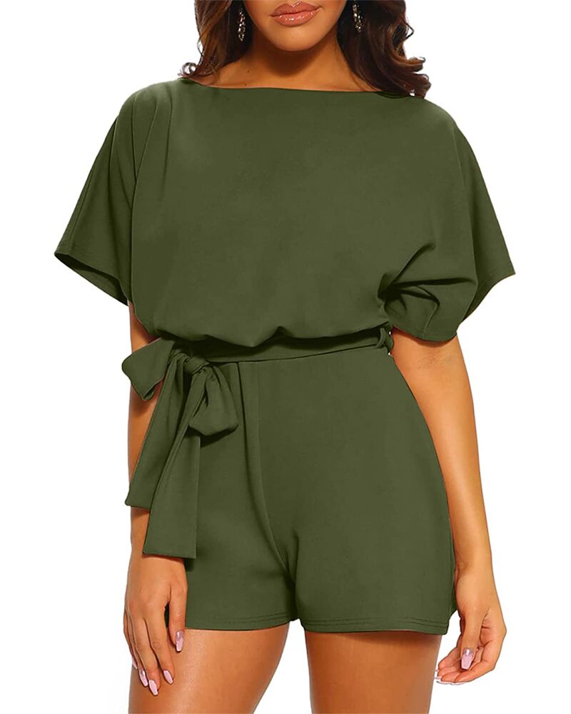 

Batwing Sleeve Keyhole Back Belted Romper Playsuit, Green