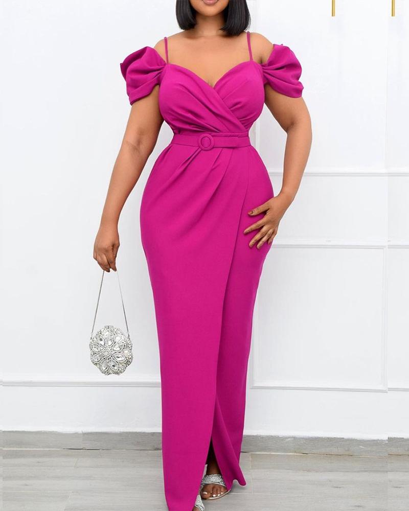 

Puff Sleeve High Slit Ruched Evening Dress, Hot pink