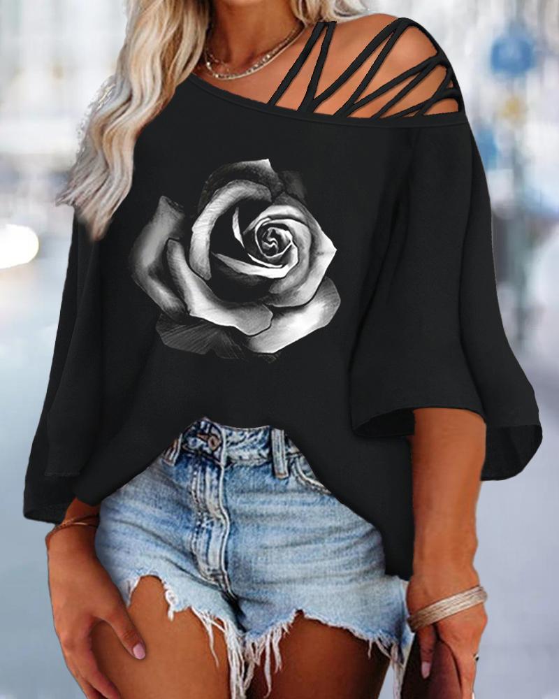 

Plus Size Rose Print Cold Shoulder Crisscross Top, Black