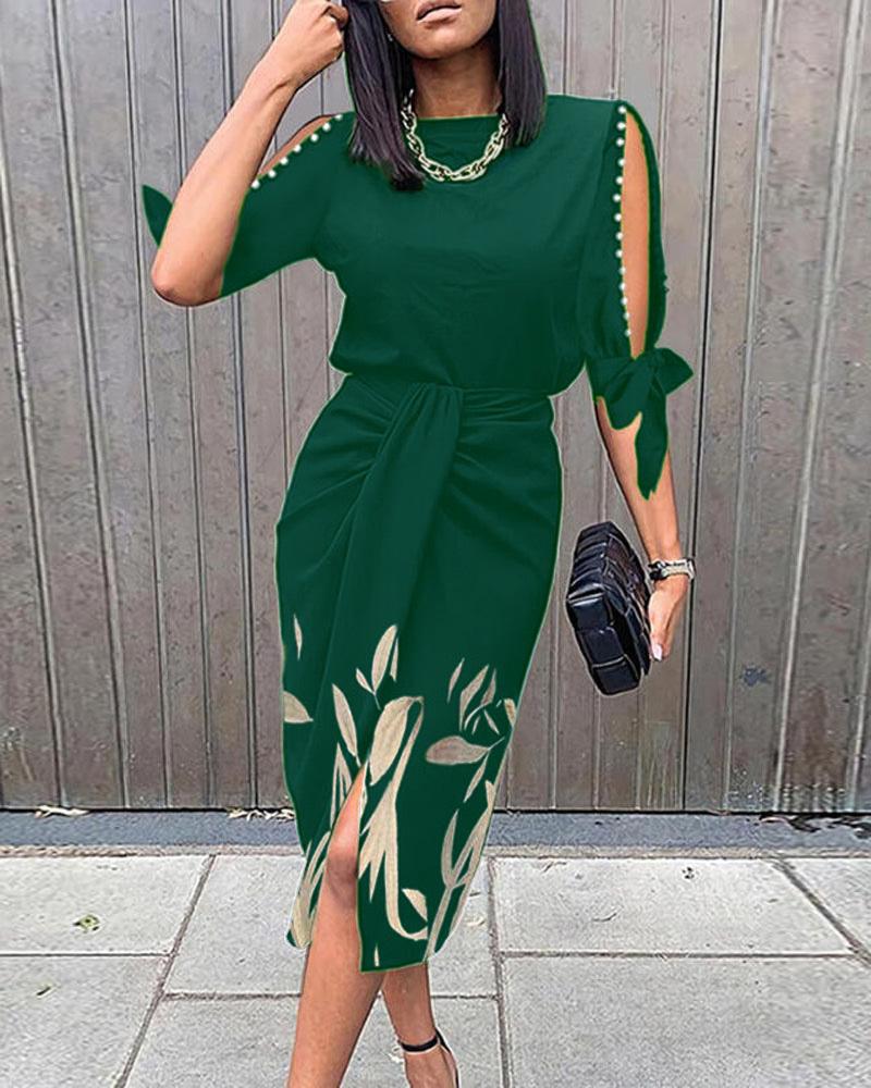 

Leaf Print Pearls Decor Knotted Work Dress, Green