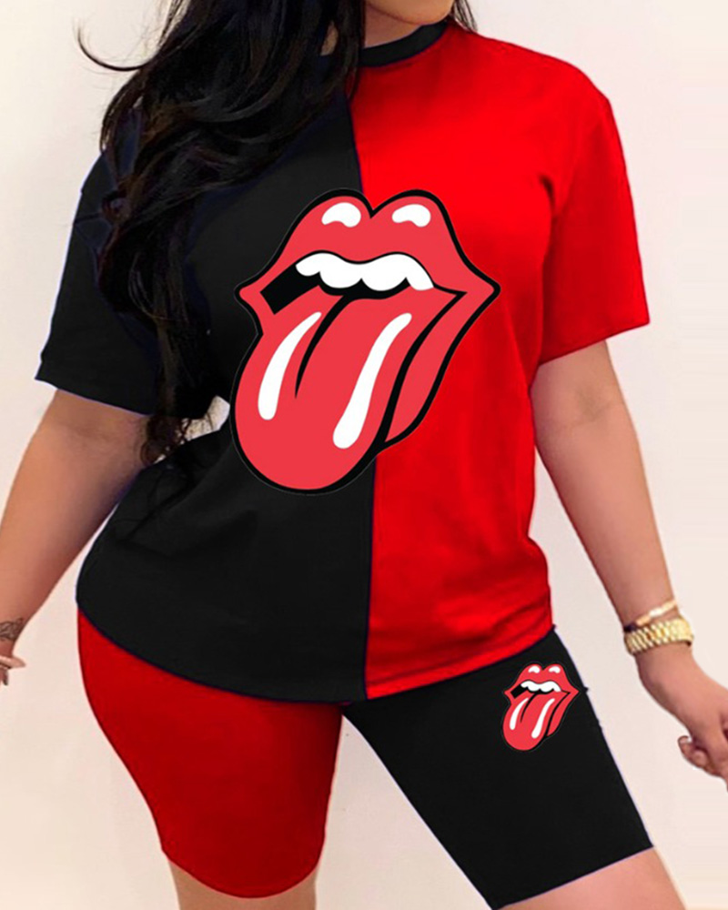 

Lip Print Colorblock Short Sleeve Top & Shorts Set, Black