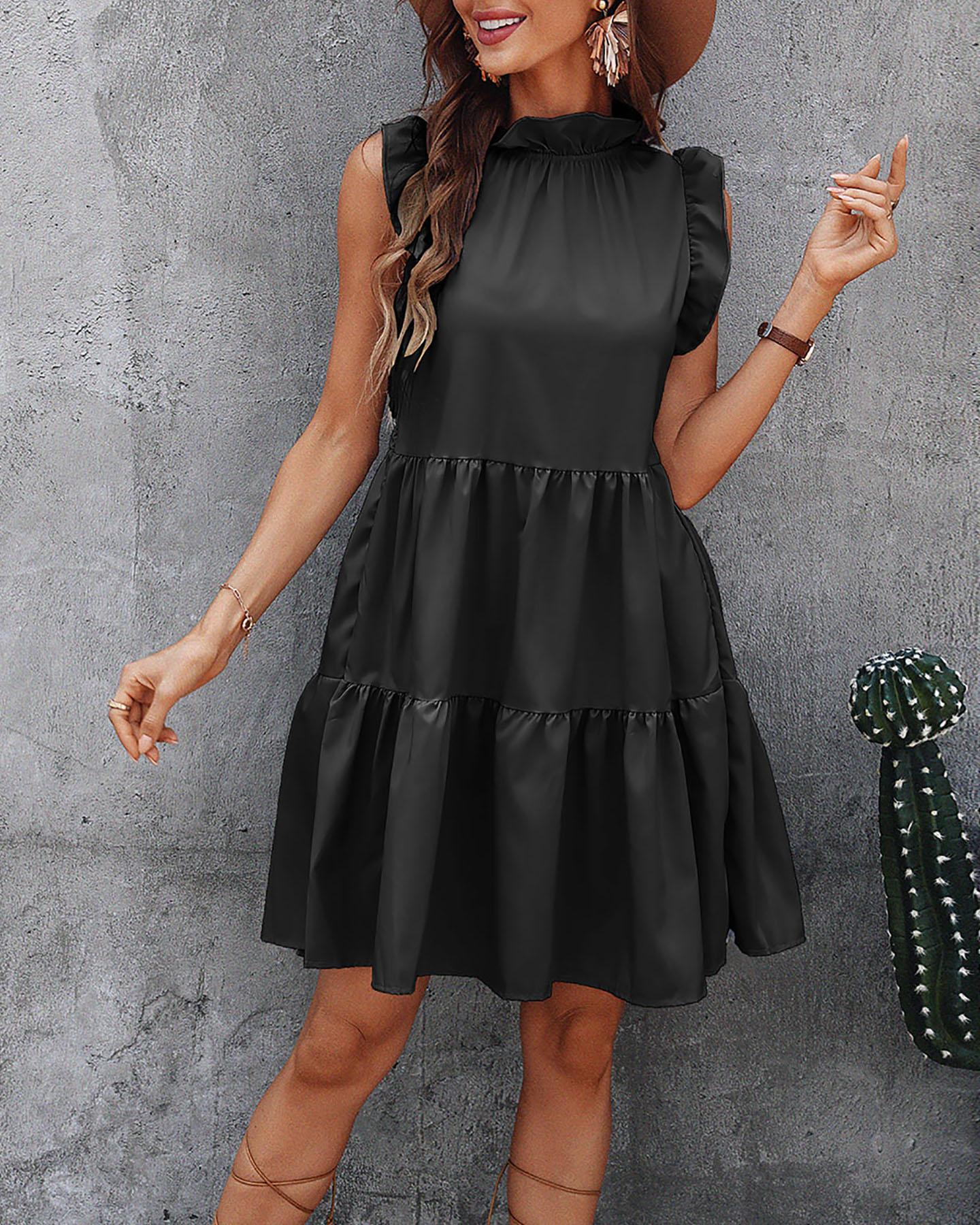 

Ruffles Trim Ruched Short Sleeve Casual Dress, Black