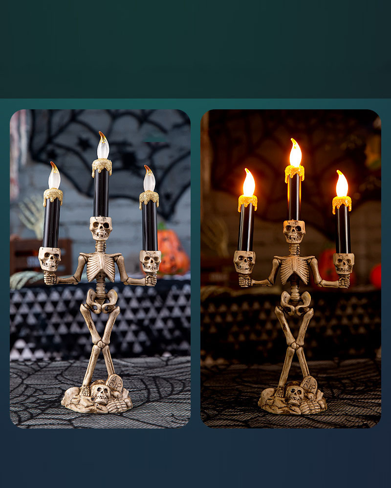 

Triple LED Halloween Candles Flameless and Skeleton Candle Holder Stand for Skull Halloween Decoration and Haunted House Decor, Gold