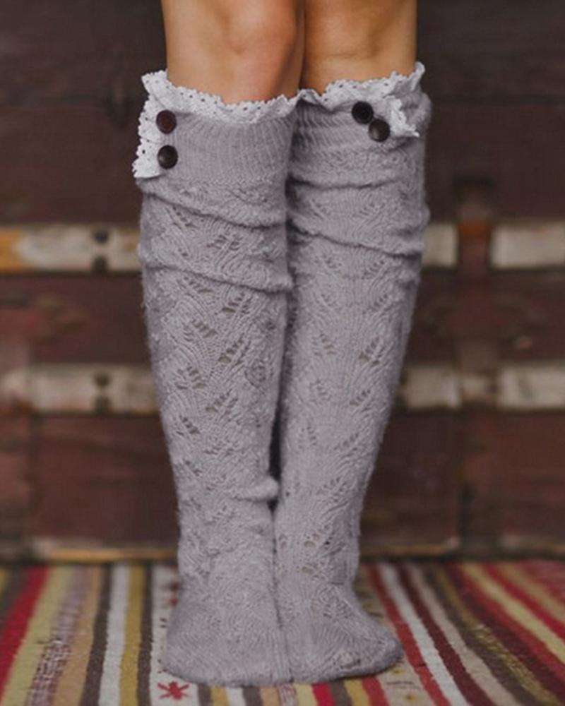 

Solid Lace Patchwork Cut-out Midi-calf Socks, Gray