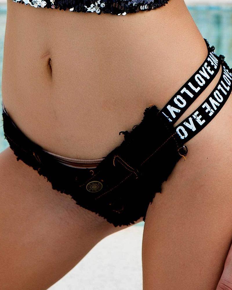 

Cutout Letter Tape Patch Denim Shorts, Black
