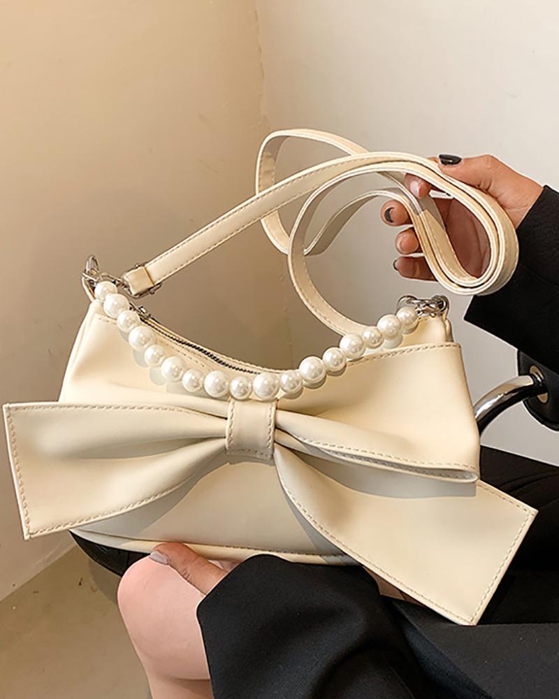 

Bowknot Beaded Decor Zip Shoulder Bag, White