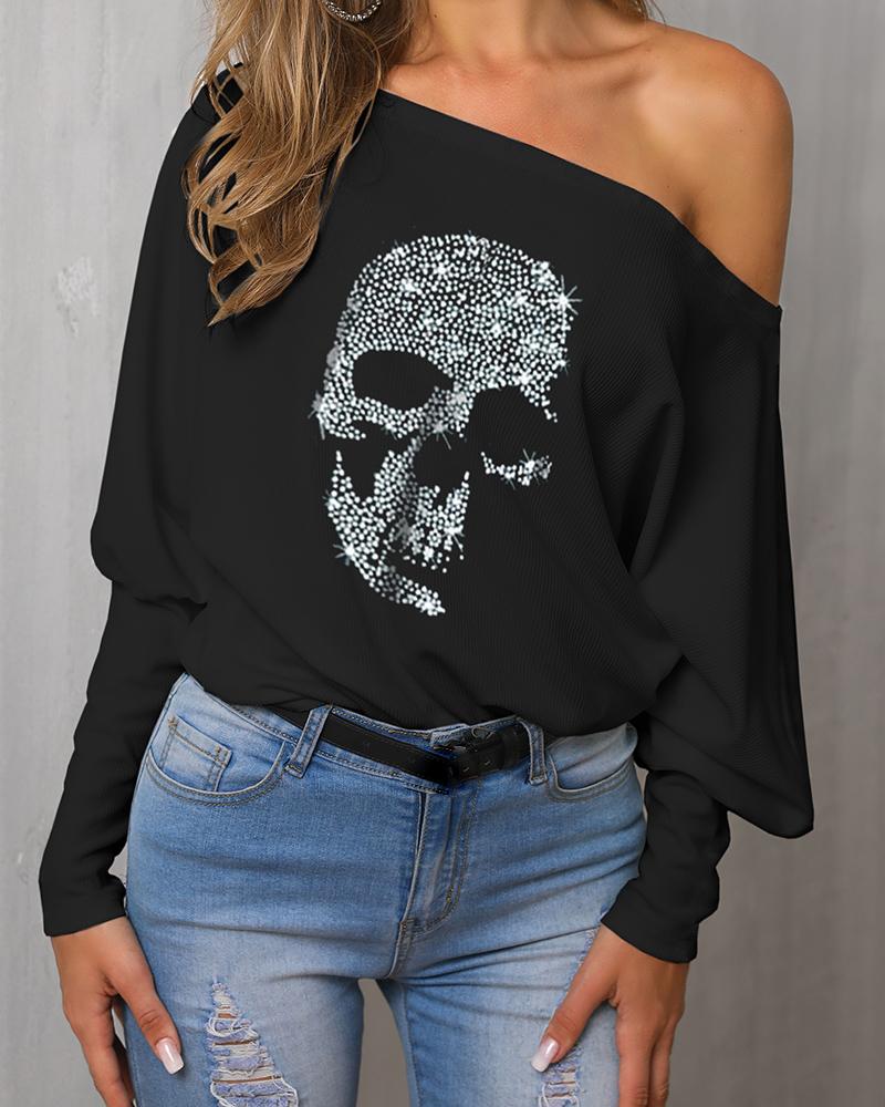 

Graphic Print One Shoulder T-Shirt, Black