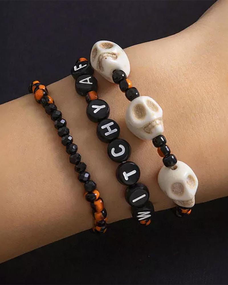 

3pcs Halloween Stackable Beaded Skull Head Bracelets Set, Black