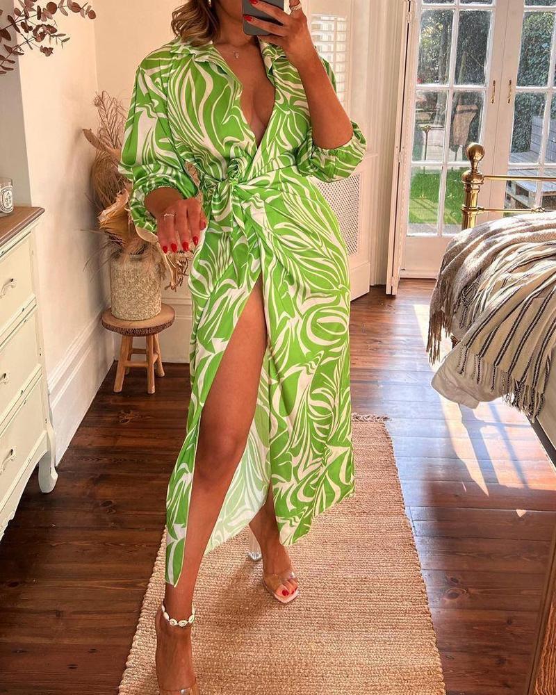 

Plants Print High Slit Lantern Sleeve Maxi Dress, Green