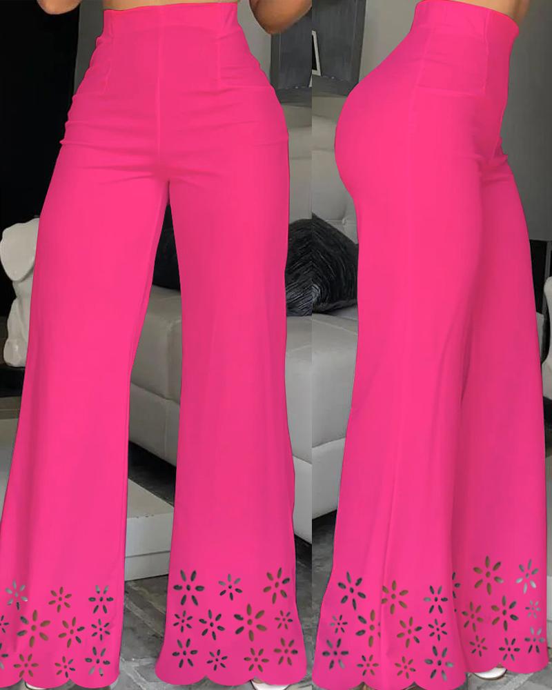 

Eyelet Embroidery Wide Leg Bootcut Pants, Hot pink