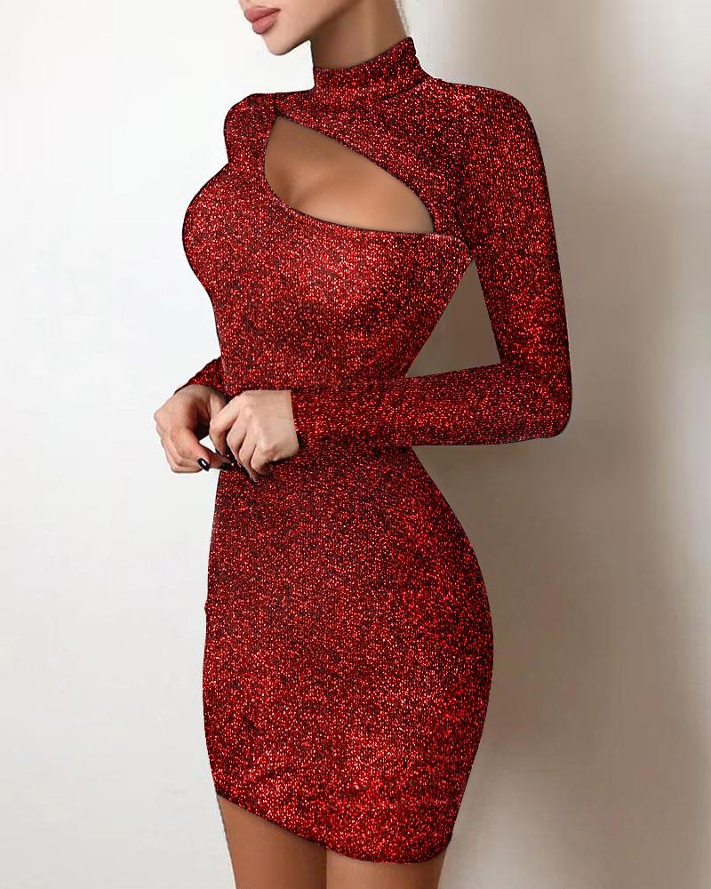

Long Sleeve Cutout Front Glitter Bodycon Dress, Red