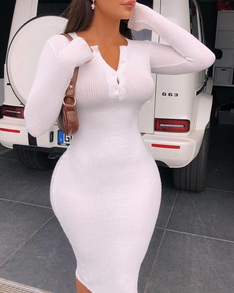 

Ribbed Long Sleeve Button Design Bodycon Dress, White