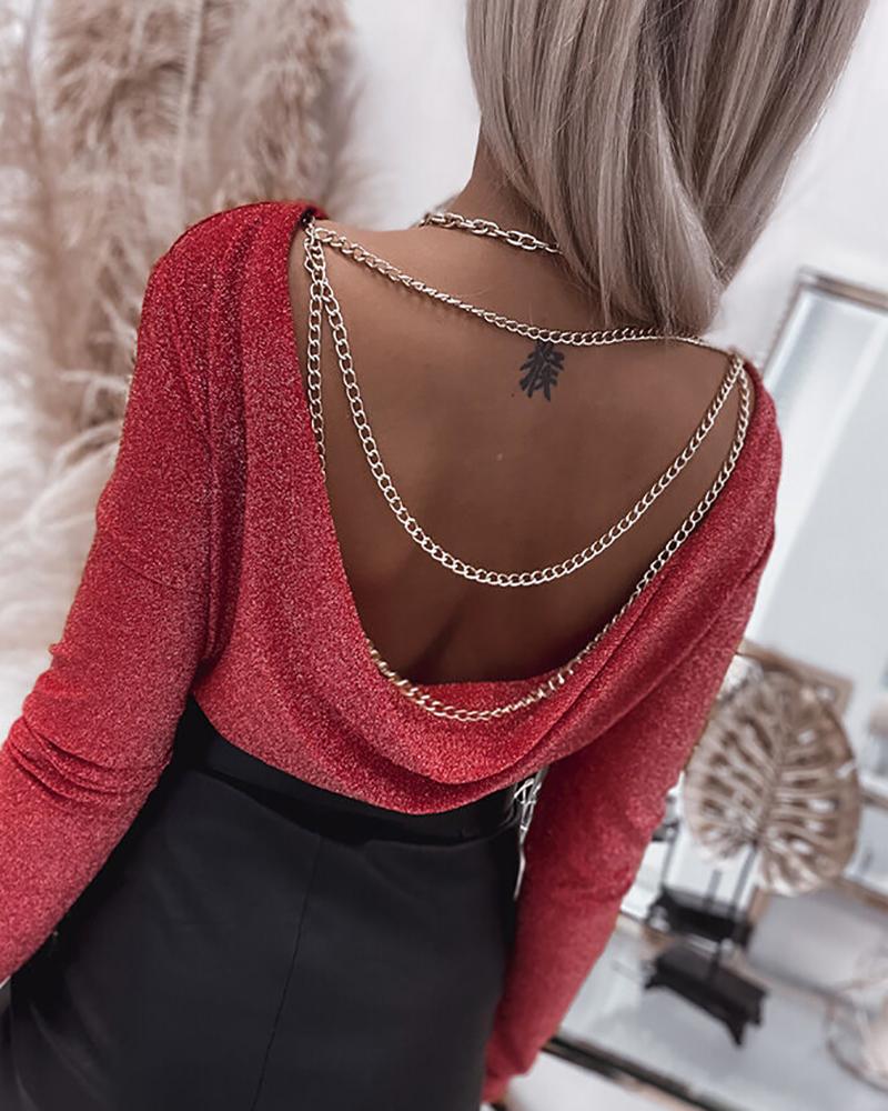 

Layered Chain Backless Glitter Long Sleeve Top Plain Round Neck Skinny Blouse, Red
