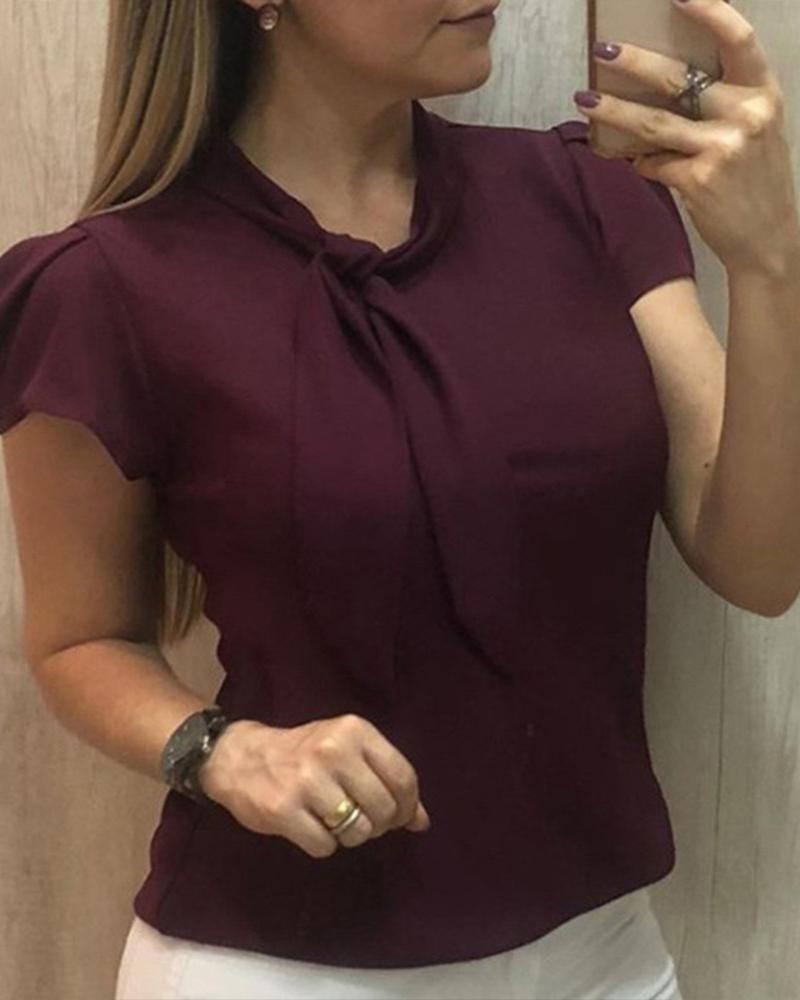 

Short Sleeve Knotted Detail Casual Blouse, Wine red