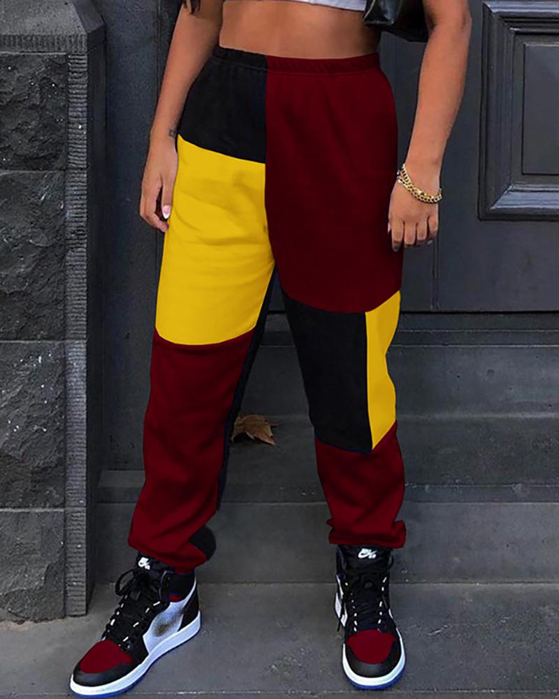 

Colorblock Pocket Design High Waist Sweatpants, Wine red