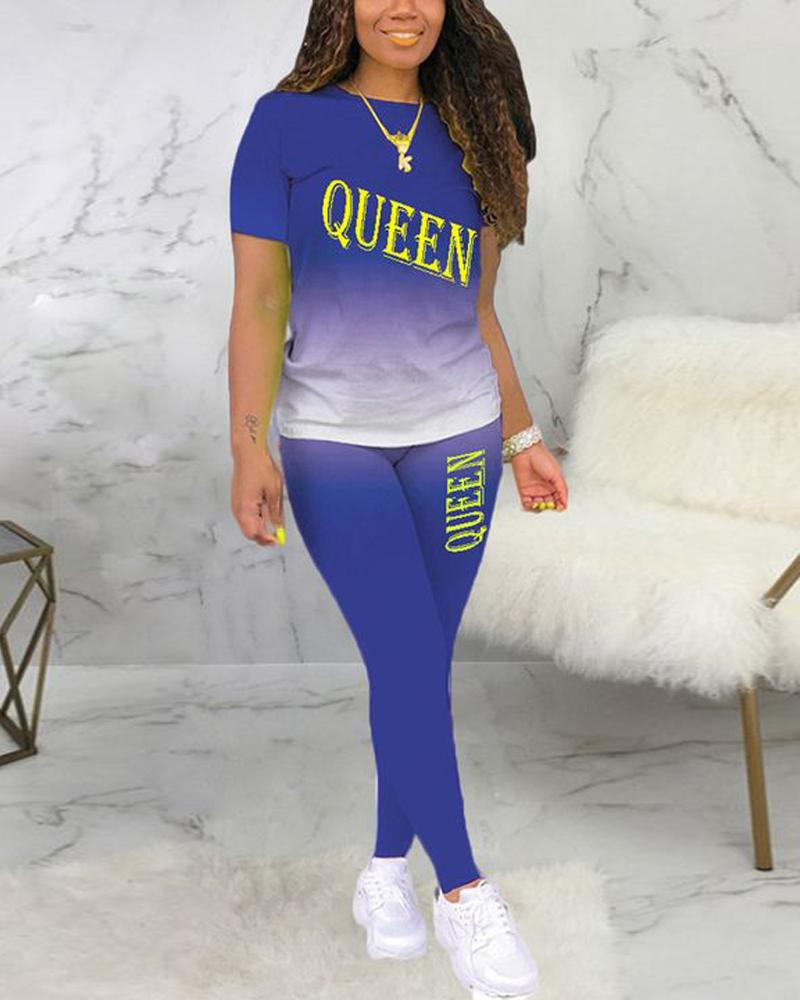 

Letter Print Ombre T-shirt & High Waist Pants Set, Blue