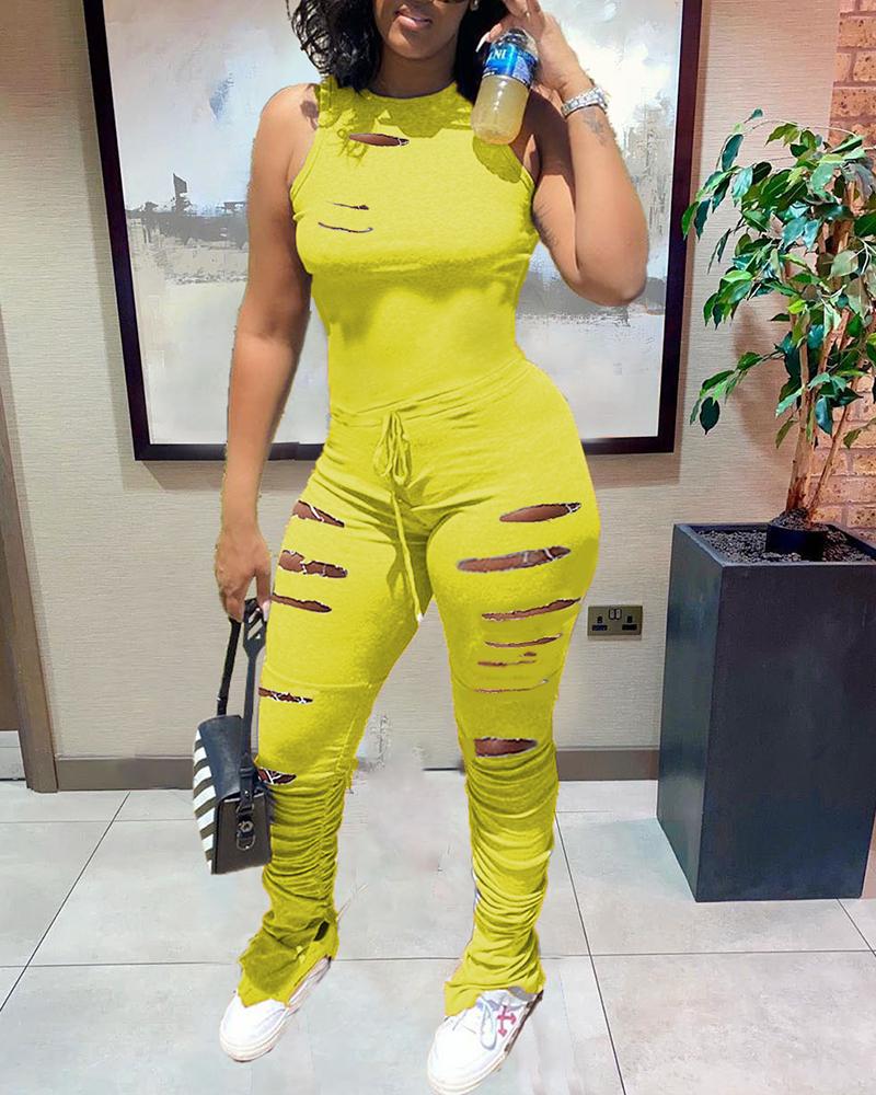 

Cutout Drawstring Fold Sleeveless Jumpsuit, Yellow