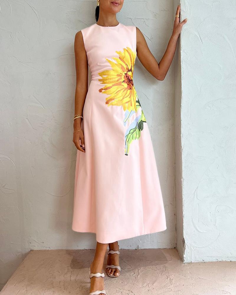 

Sunflower Print Sleeveless Dress, Light pink