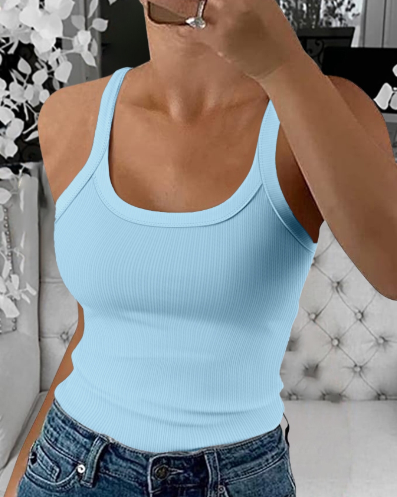 

Scoop Neck Spaghetti Strap Ribbed Top Casual Sleeveless Slim Fit Tank, Sky blue