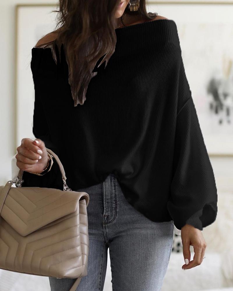 

Off Shoulder Lantern Sleeve Casual Sweater, Black