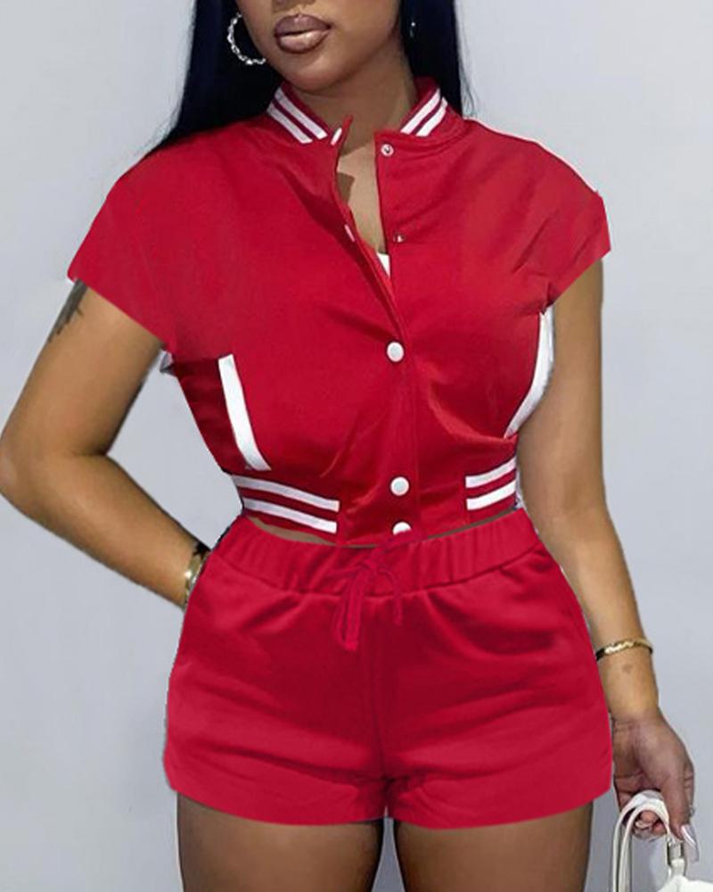 

Contrast Paneled Baseball Jacket & Drawstring Shorts Set, Red