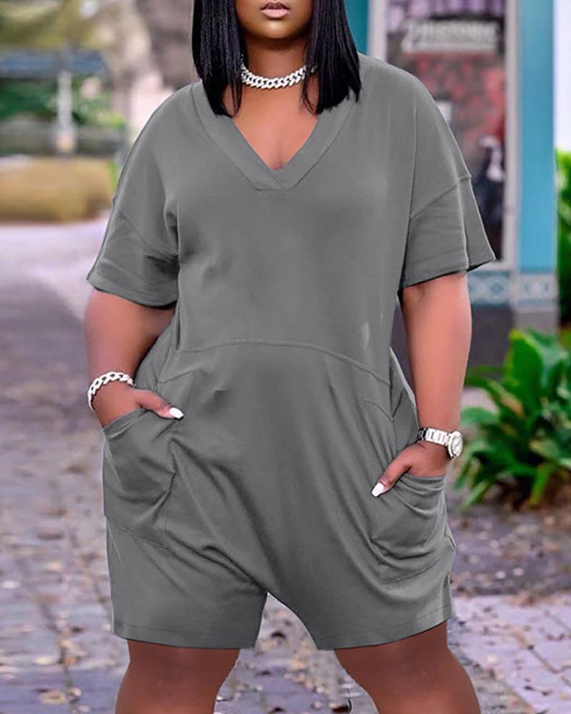 

Plus Size Pocket Detail Short Sleeve Romper, Gray