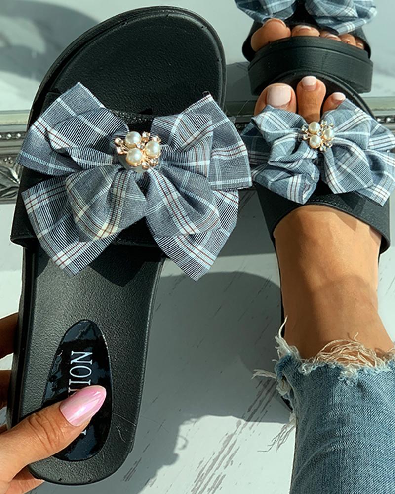 

Plaid Bowknot Decor Beaded Flat Sandals, Black