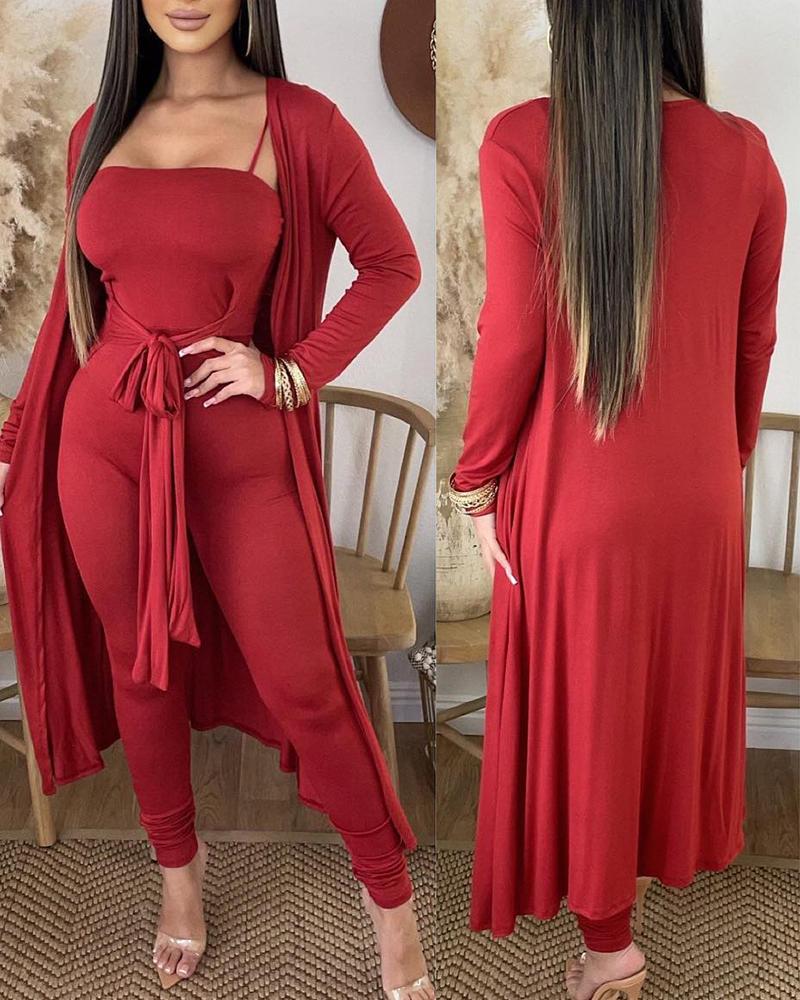 

Spaghetti Strap Tied Detail Jumpsuit With Cardigan, Red