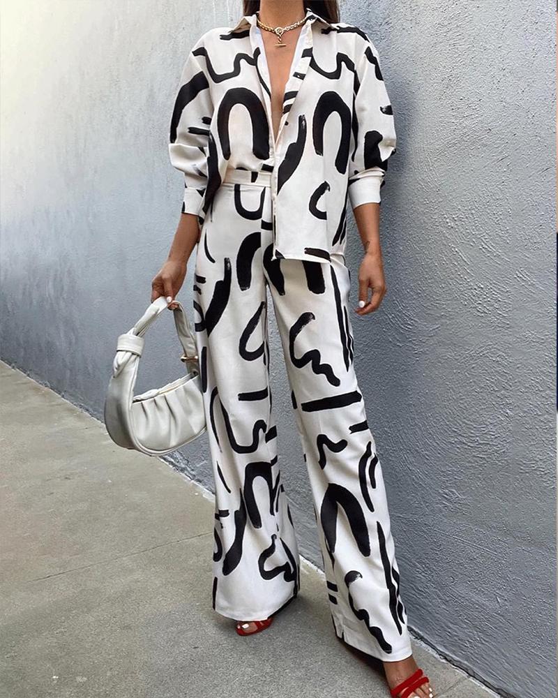 

Abstract Print Buttoned Top & Wide Leg Pants Set, Blackwhite