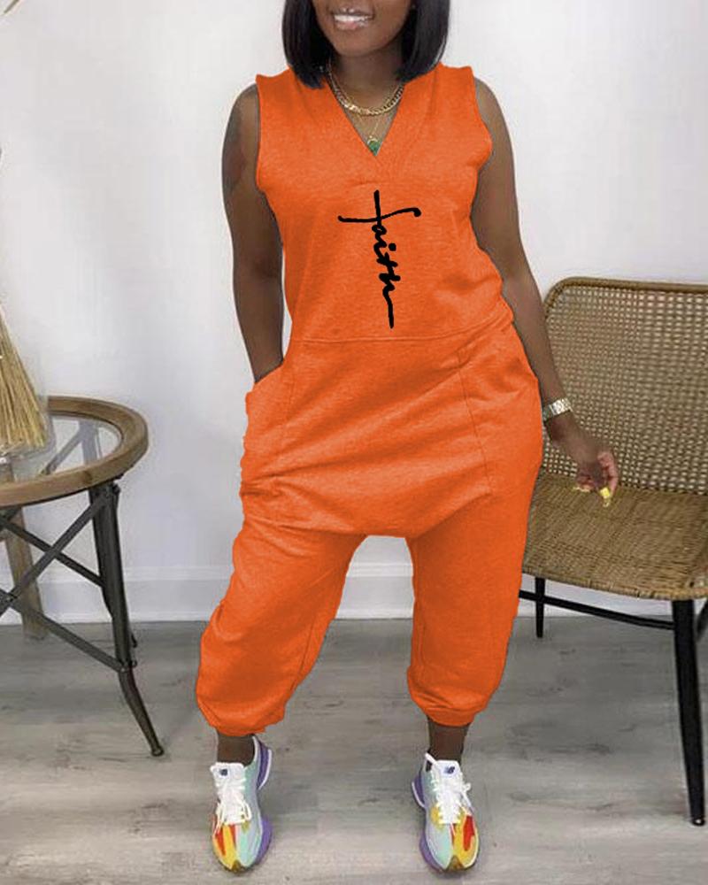 

Faith Print Pocket Design Sleeveless Jumpsuit, Orange