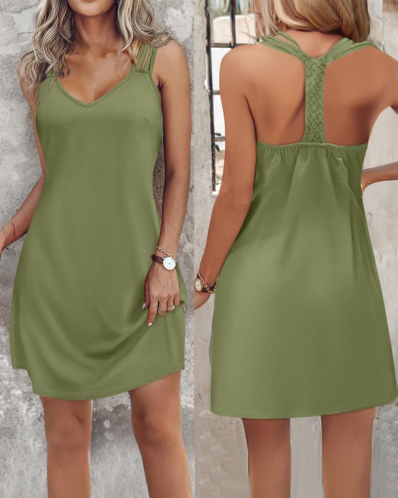 

V-Neck Backless Braided Casual Dress, Green