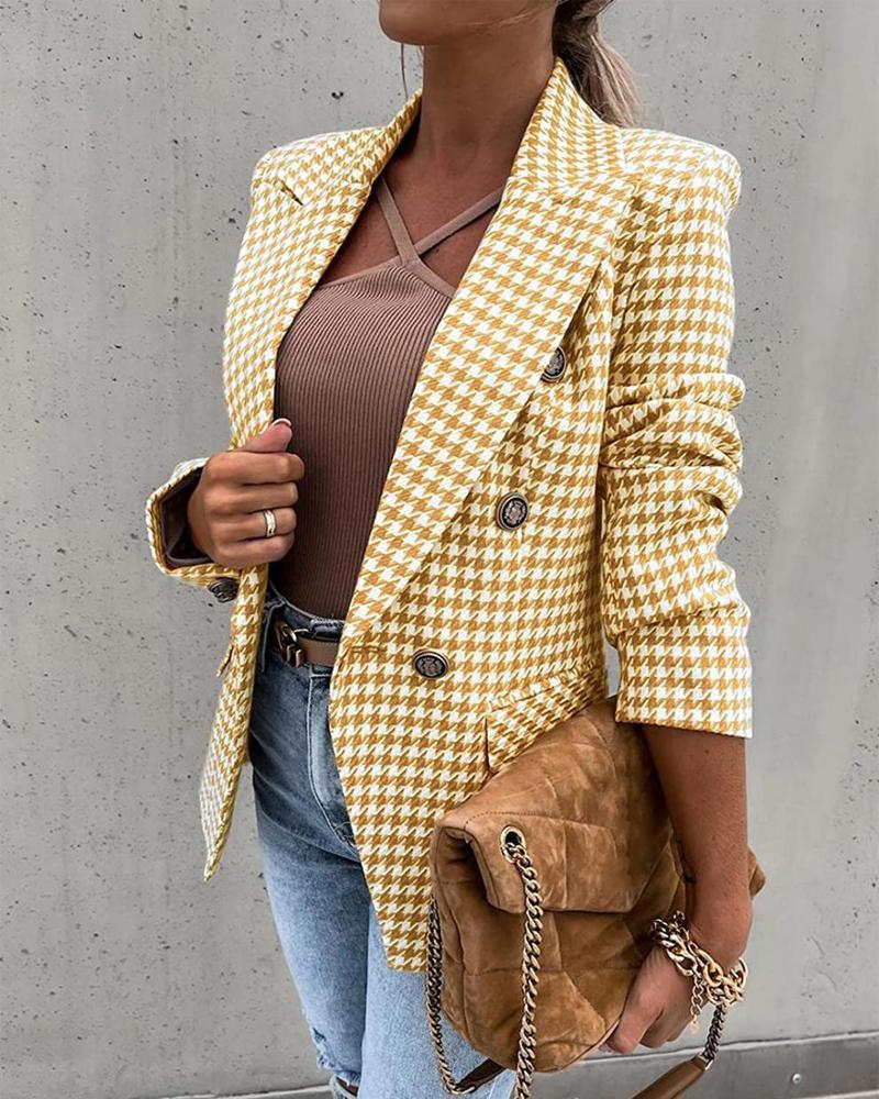 

Houndstooth Print Long Sleeve Double Breasted Blazer, Yellow