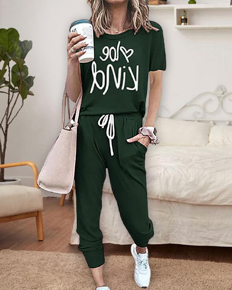 

Letter Print T-shirt & Drawstring Pocket Design Pants Set, Green