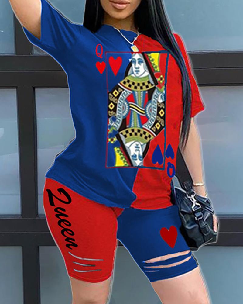 

Poker Print Colorblock Top & Shorts Set, Dark blue