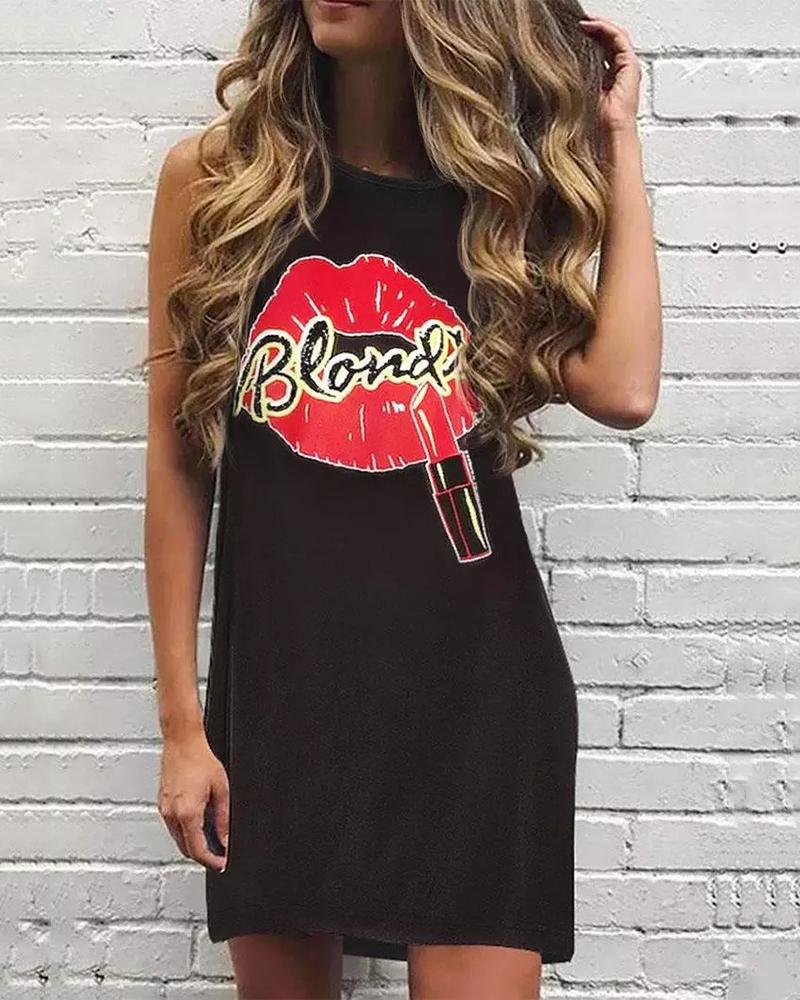 

Lip Letter Print Sleeveless Casual Dress, Black